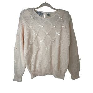 Lg 80s VTG Powder Pink Coquette Sweater Bows Romantic Wool Blend Kawaii Beaded